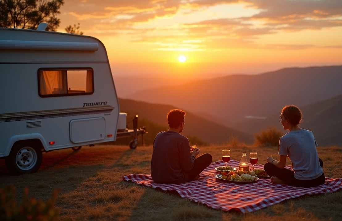 Een romantische picknick op een camping met uitzicht op de heuvels met op de achtergrond een gehuurde caravan