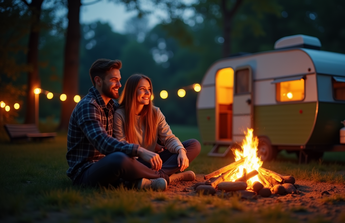 Stel zit op een grasveld op een camping met op de achtergrond een caravan met gezellige lampjes en een kampvuur