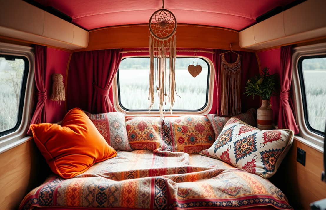 Een hippe en opgeknapte caravan met kussentjes en aankleding in bohemian stijl