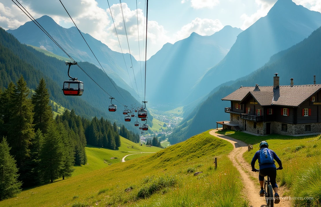 Zomers Sölden met gondels, mountainbikers en een traditionele berghut.