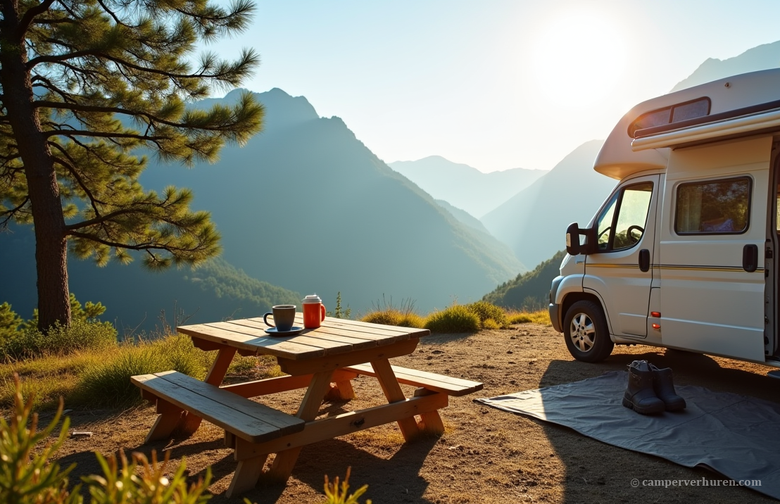 Camper in de bergen op een camping met uitzicht en bijbehorende picknickbank