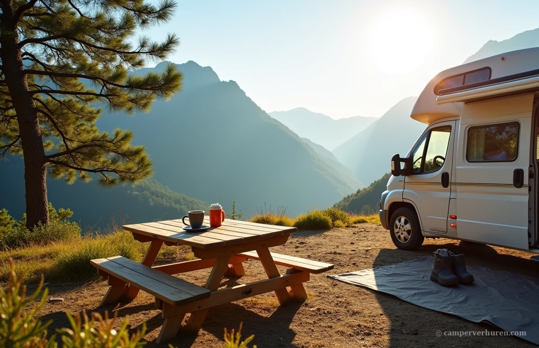 Camper in de bergen op een camping met uitzicht en bijbehorende picknickbank