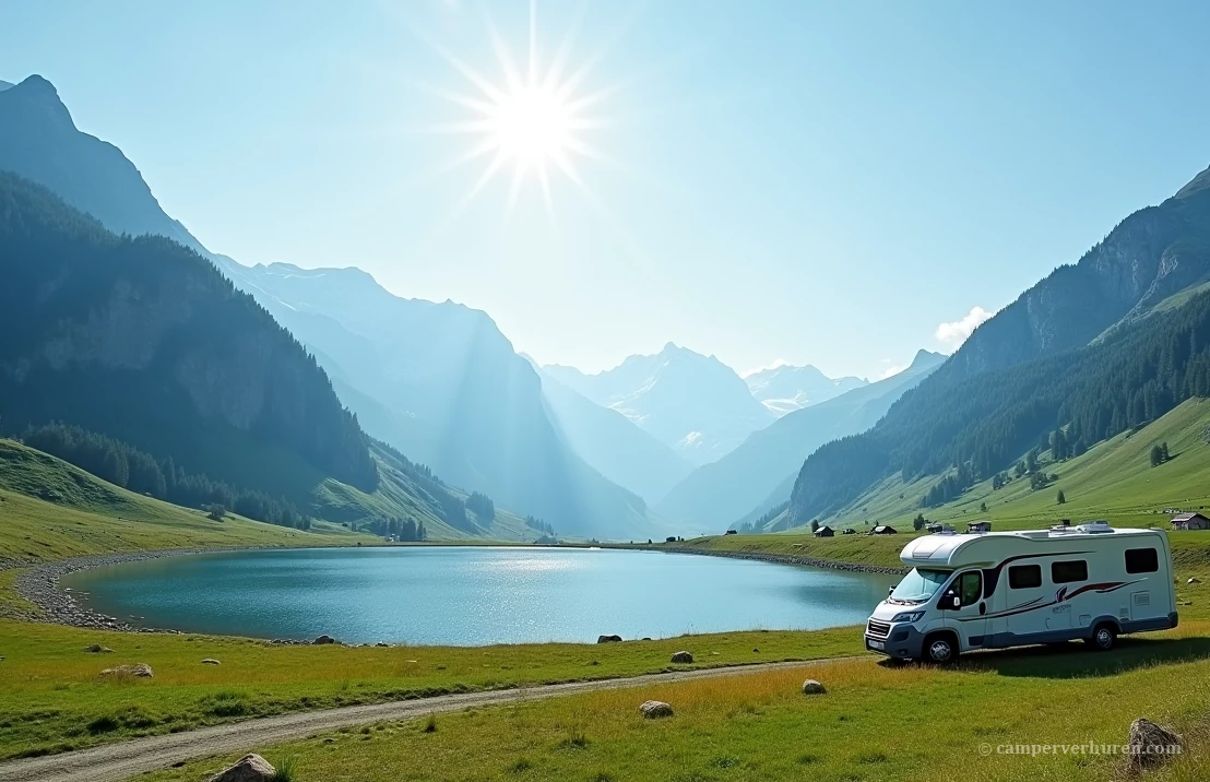 Camper op reis door de bergen van Oostenrijk met uitzicht op een bergmeer