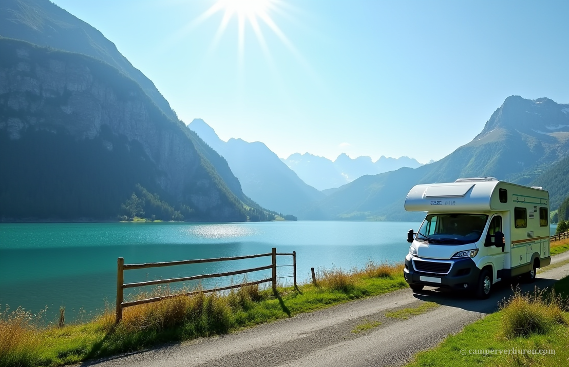 Camper aan een helder blauw bergmeer in Oostenrijk.