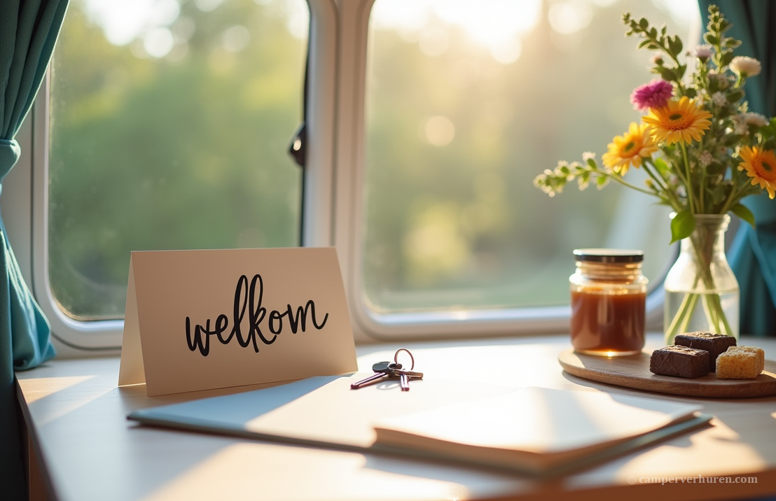 Welkomskaartje op een campertafel met campersleutels voor een warm welkom