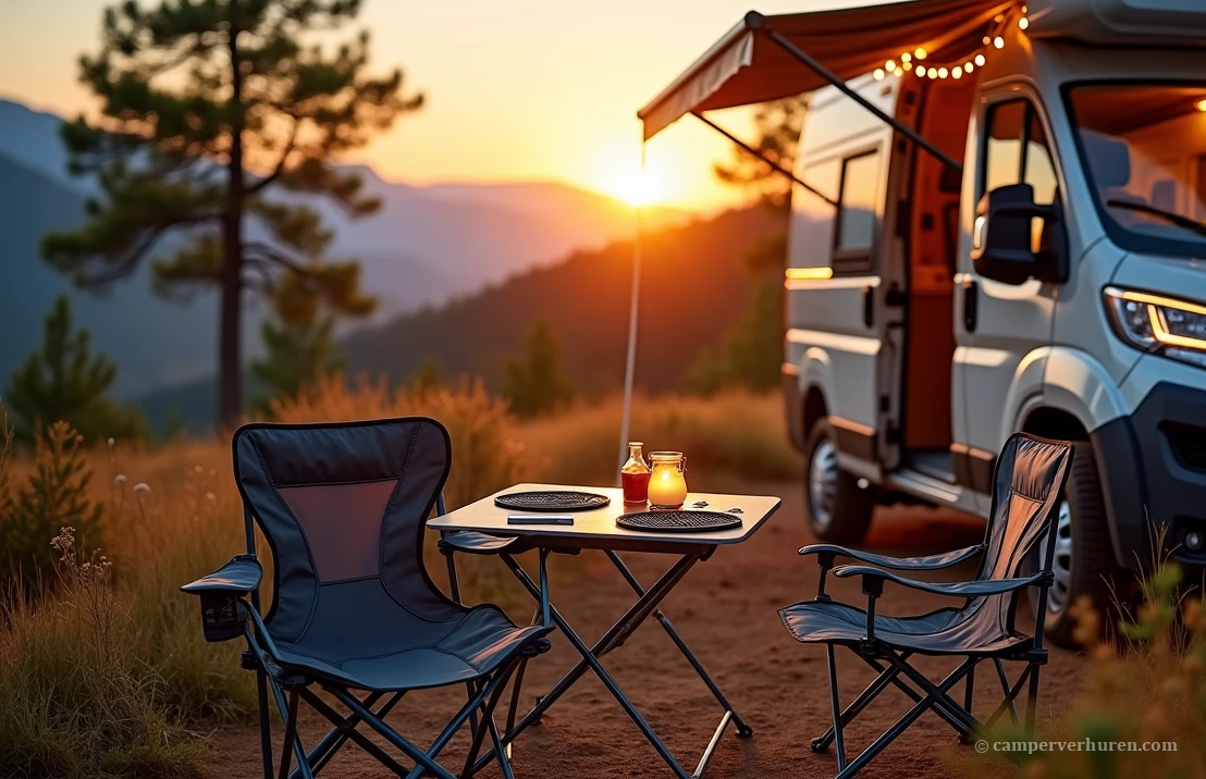 Geparkeerde camperbus met zonsondergang op de achtergrond en een luifel met vloerkleed, campingstoelen en een campinglamp op tafel voor extra sfeer
