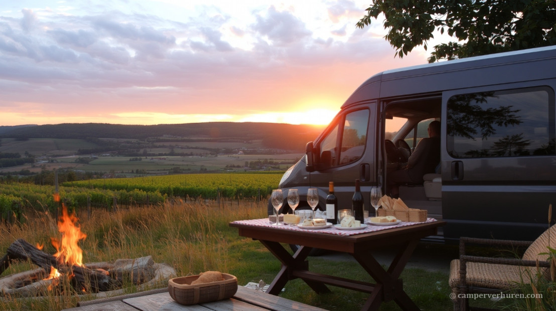 Camper op camperplaats in de dordogne in Frankrijk met uitzicht op de glooiende heuvels