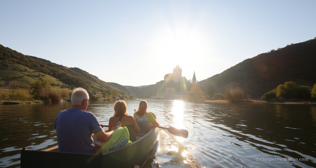 Een kano met 3 personen maken een tocht over de rivier in de Franse dordogne