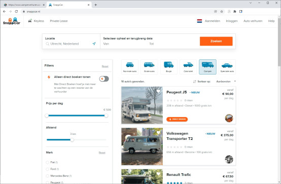 Screenshot van Snapcar website