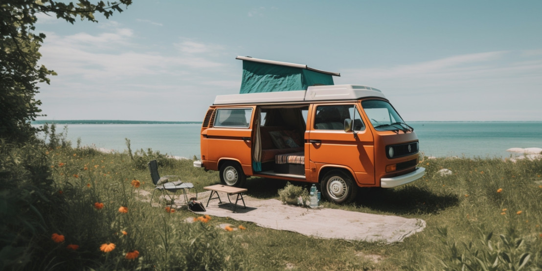 Een ouder camperbusje op een camperplaats met uitzicht op de zee