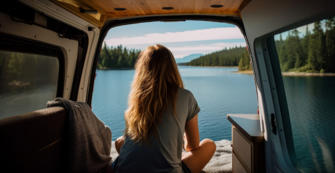 Jonge vrouw geniet van uitzicht op een meer vanuit de camper