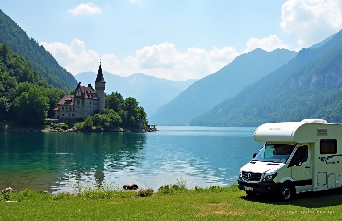 Een panoramisch uitzicht op de Attersee, met een camper geparkeerd nabij een middeleeuws kasteel en helder water.