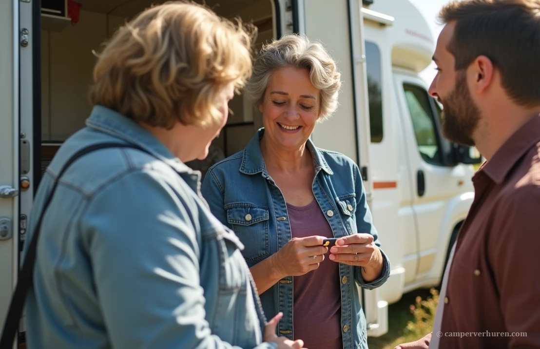 Bas doet de sleuteloverdracht van zijn campers bij twee dames die zijn camper gaan huren via paulcamper