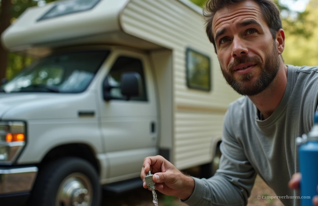 Man kijkt wat gefrustreerd met een waterkraantje in zijn hand bij de camper