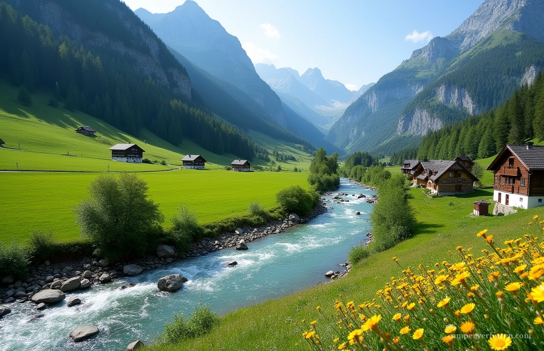 Een pittoreske vallei in het Ötztal of Pitztal met weelderige groene weilanden, een kristalheldere rivier en traditionele Oostenrijkse chalets. Wilde bloemen bloeien op de voorgrond.