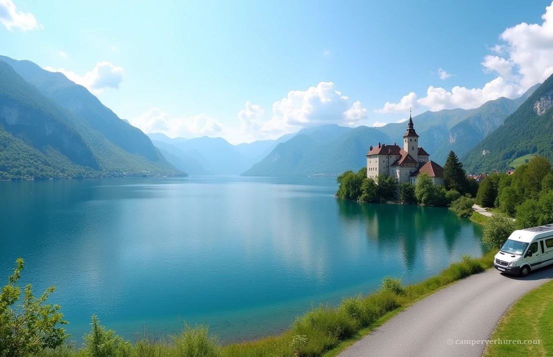 Een panoramisch uitzicht op de Attersee, met een camper geparkeerd nabij een middeleeuws kasteel en helder water.