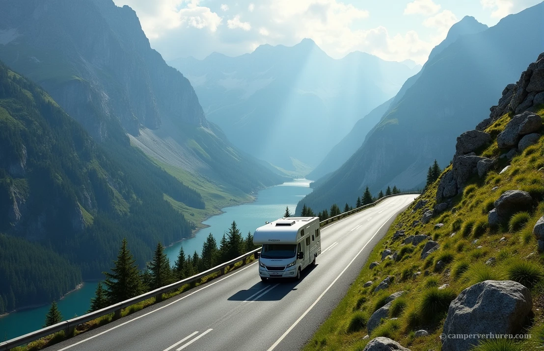 Een camper navigeert over de Col de l'Iseran, de hoogste geasfalteerde bergpas in Europa, met scherpe bochten en een prachtig uitzicht.