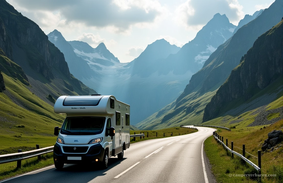 Een camper navigeert over de Col de l'Iseran, de hoogste geasfalteerde bergpas in Europa, met scherpe bochten en een prachtig uitzicht.