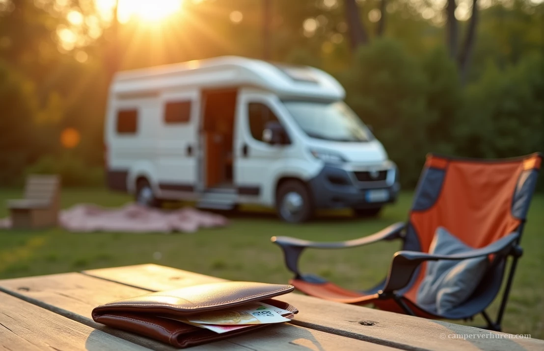 Een camper op een campingplaats geparkeerd, met op de picknicktafel zichtbaar een portemonnee met briefgeld erin.