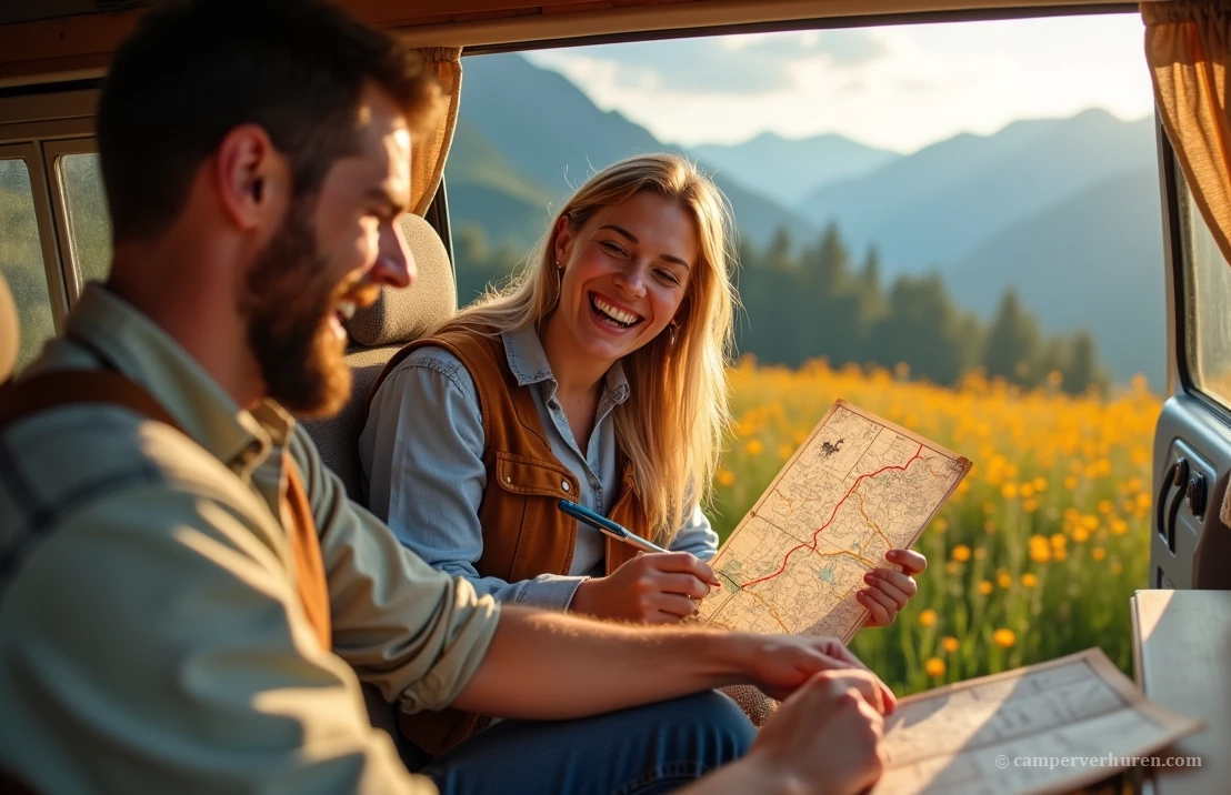 Stel zit in een camper en kijkt lachend elkaar aan omdat ze alweer een leuke camperroute hebben gevonden op de kaart