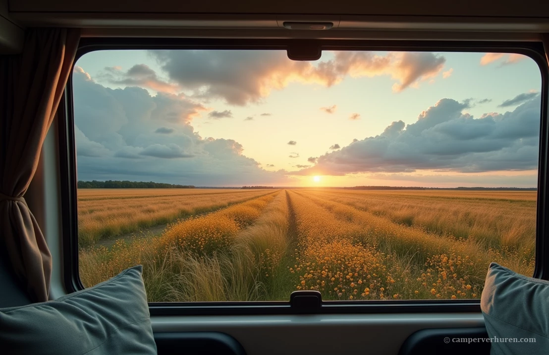 Uitzicht op de velden vanuit de camper met een bankje met kussens bij het raam