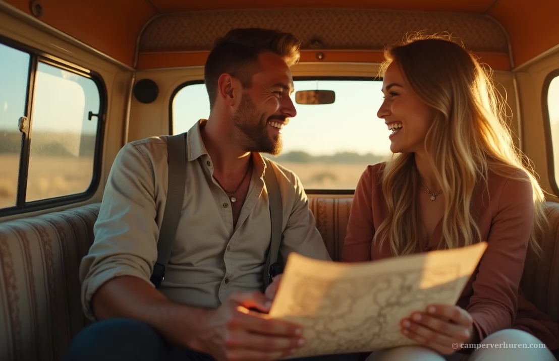 Stel zit in een vintage camper met een routekaart en kijkt hoe ze de camperroute verder zullen vervolgen