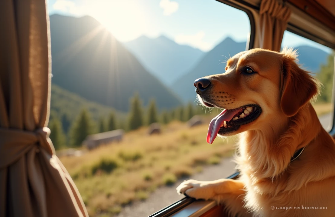 Een vrolijke golden retriever kijkt uit het raam van een camper, met een berglandschap op de achtergrond.