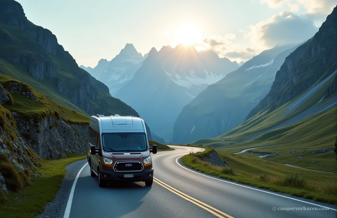 Een camper navigeert over de Col de l'Iseran, de hoogste geasfalteerde bergpas in Europa, met scherpe bochten en een prachtig uitzicht.