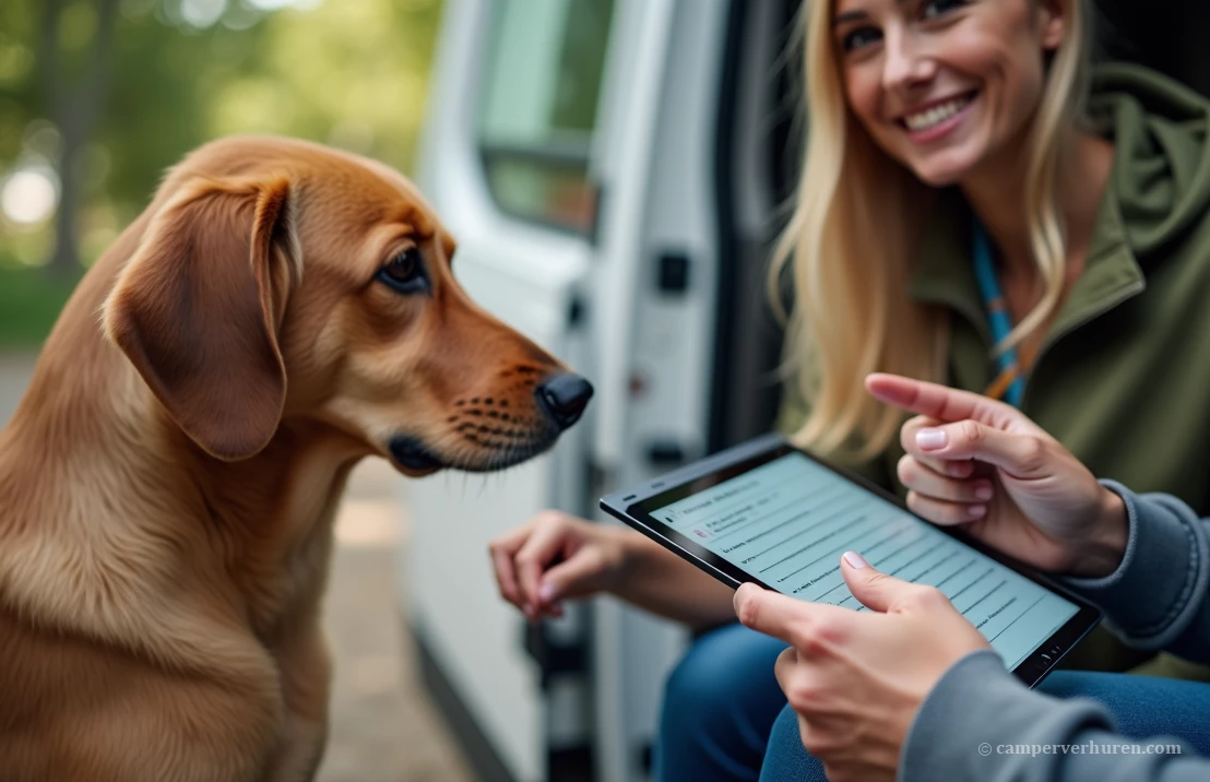 Een persoon stelt vragen aan de eigenaar van een camper via een tablet, met een vriendelijke hond naast de persoon.