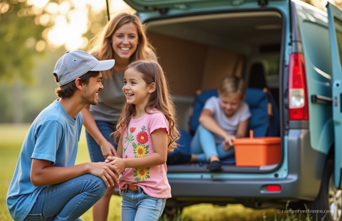 Gelukkig gezin dat kampeerspullen uitlaadt bij de Disneyland Paris camping.