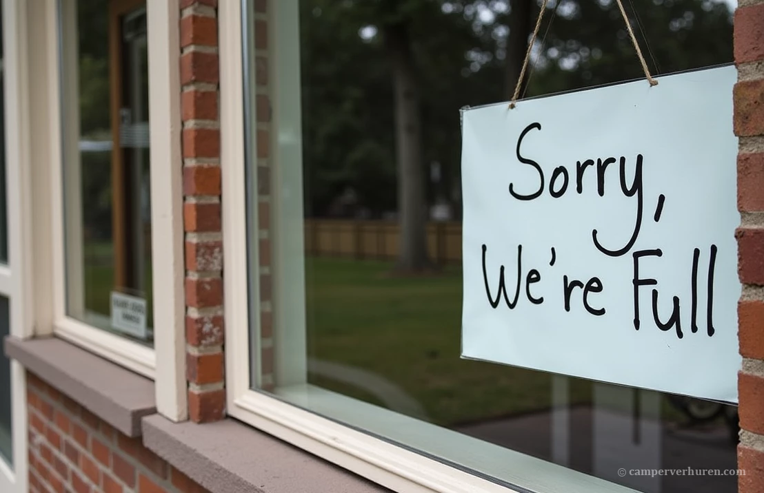 Bordje bij de receptie van de camping met de tekst 'sorry, we zitten vol'.