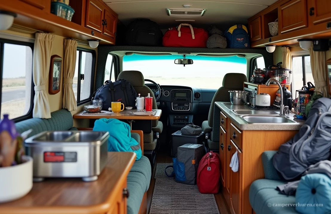 Een overvolle ingepakte camper met veel teveel losse spullen. Zo wil je het niet organiseren in je camper.