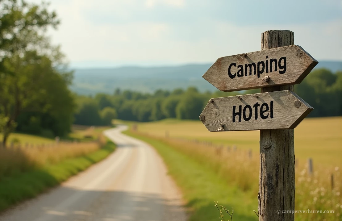 Frans landschap met twee bordjes van hout met daarop camping en hotel, welke weg kies je?
