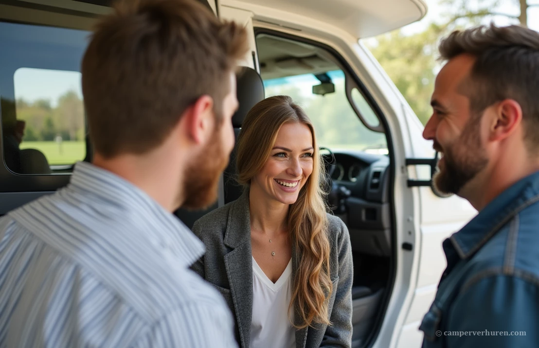 Verhuurder van camper bespreekt alles door met de nieuwe huurders