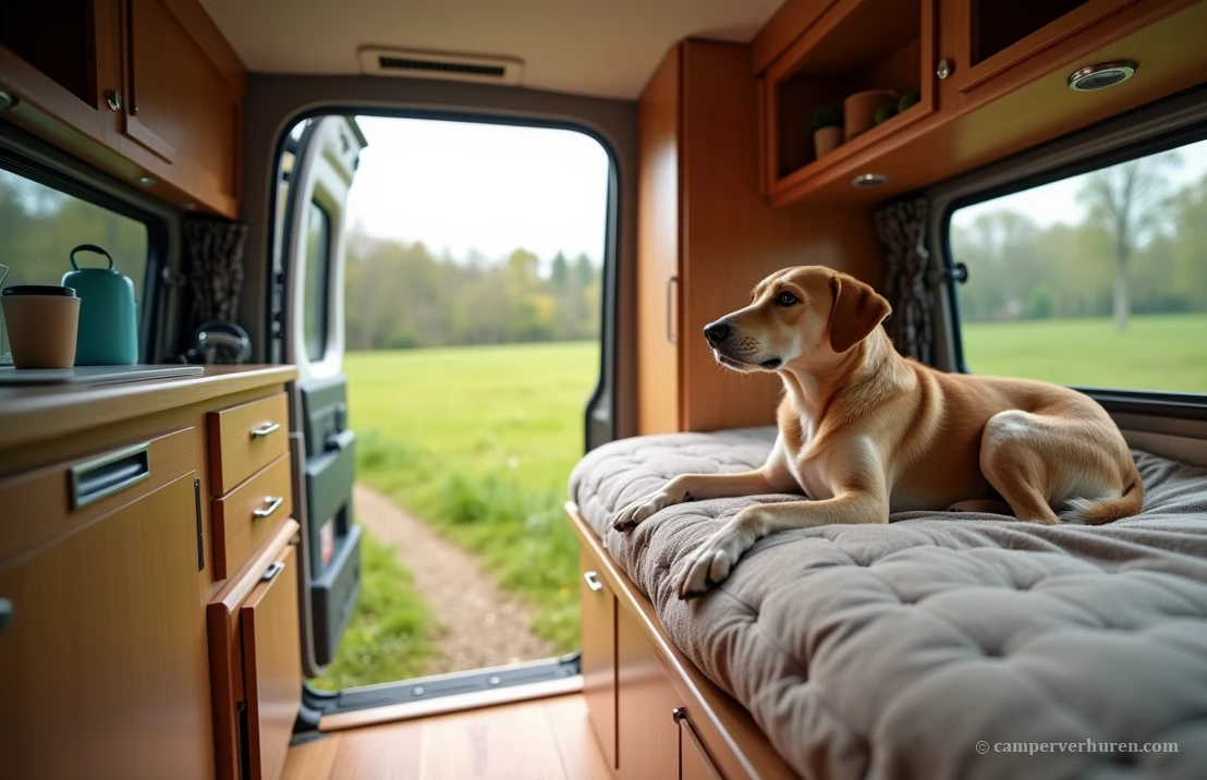 Het interieur van een camper met een hond die ontspant op een comfortabel bed, met vinyl vloer en een open zijdeur naar een groene weide.