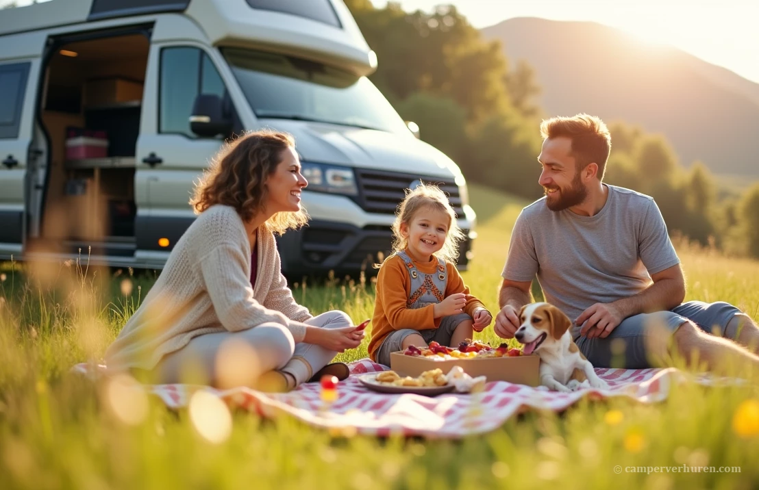 Een gezin met een hond geniet van een picknick naast een camper in een zonnige weide.