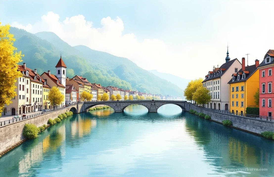 Een schilderachtig panorama van Annecy, Frankrijk, bekend als het 'VenetiĆ« van de Alpen', met kanalen en kleurrijke gebouwen.