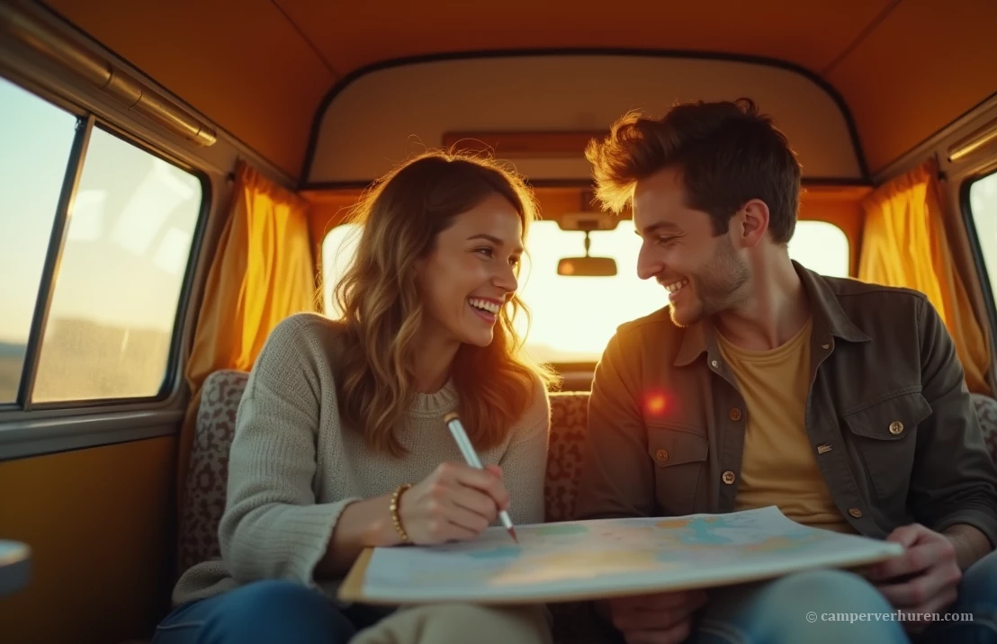 Stel zit in vintage gehuurde camper en plant een route om weer verder te reizen met de camper