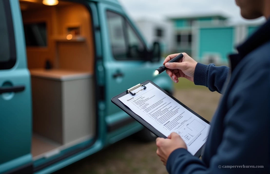 Een camper wordt zorgvuldig geïnspecteerd en de staat wordt vastgelegd met een checklist.