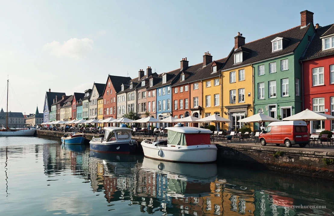 Een realistische foto van de haven van Honfleur met kleurrijke gebouwen en een campervan.