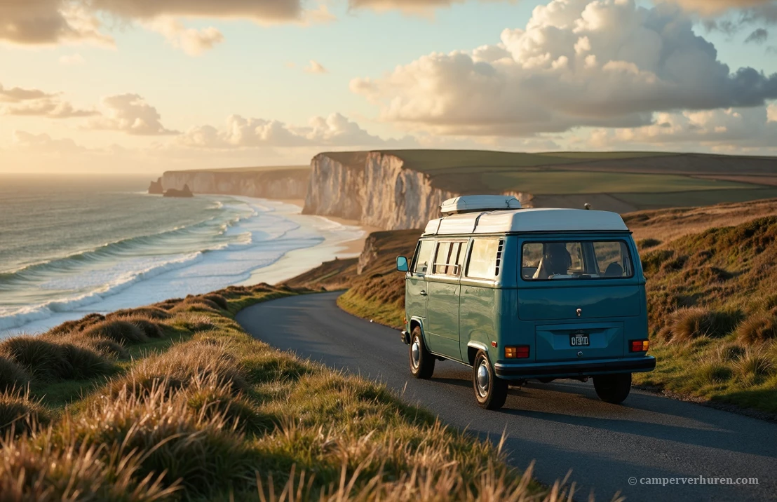 Een campervan rijdt langs de kust van Normandië met dramatische krijtrotsen en turquoise water bij zonsondergang.
