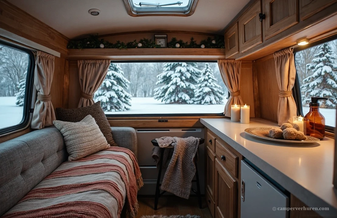 Het gezellige interieur van een camper, winterse sfeer, zicht op besneeuwde bomen, realistisch.