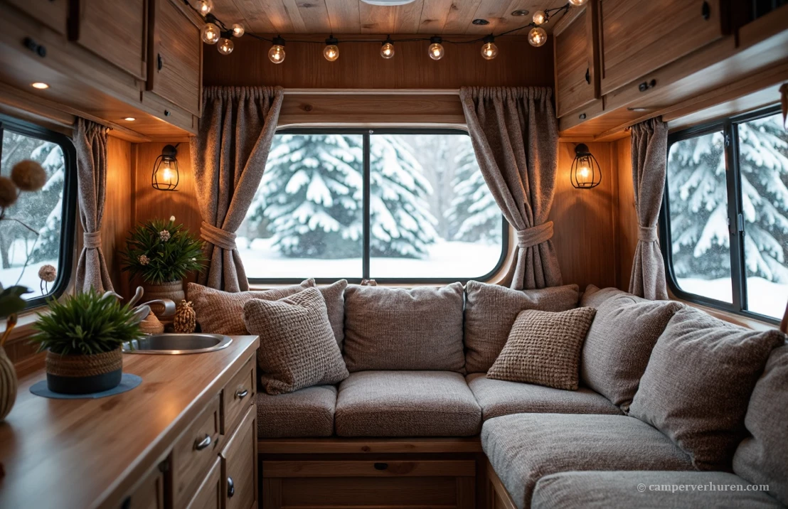 Het gezellige interieur van een camper, winterse sfeer, zicht op besneeuwde bomen, realistisch.
