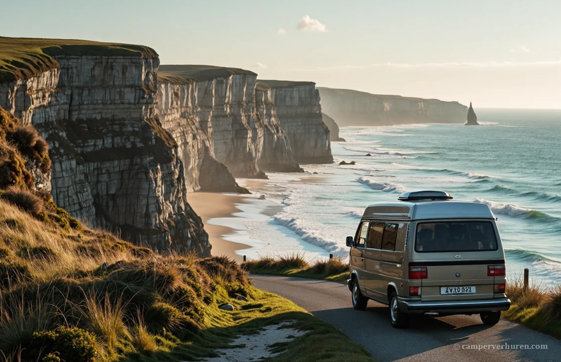 Een campervan rijdt langs de kust van Normandië met dramatische krijtrotsen en turquoise water bij zonsondergang.