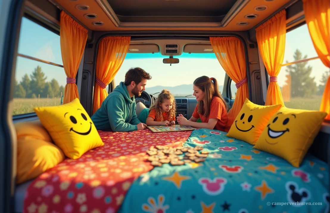 Gezellige camperinrichting met een gezin dat een spel speelt en overnacht in de buurt van Disney met de camper.
