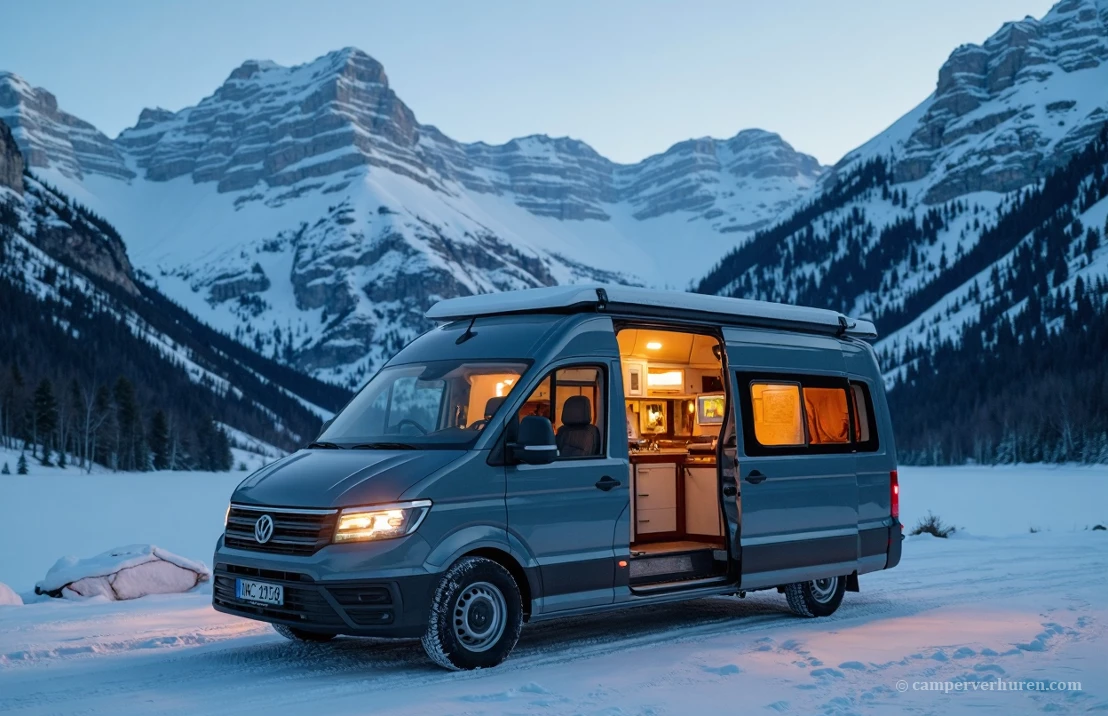 Een moderne camper in een besneeuwd berglandschap, met warme lichten zichtbaar, fotografische weergave.