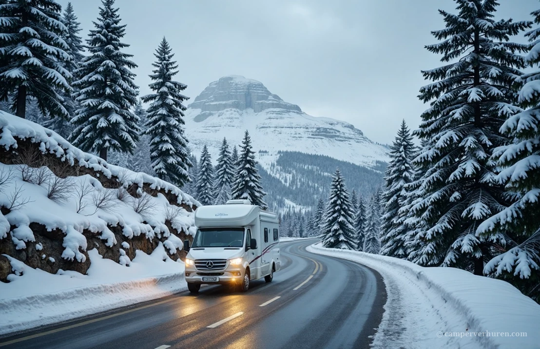 Een camper die over een kronkelende weg rijdt door een besneeuwd winterlandschap, cinematische weergave.