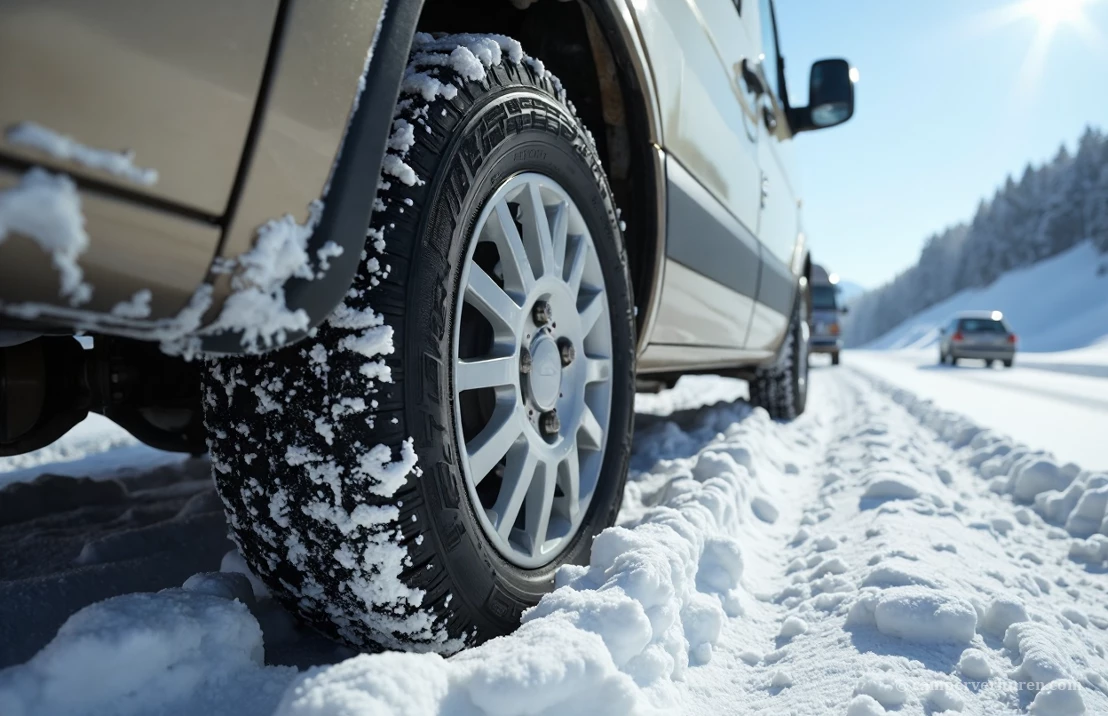 Close-up van de wielen van een camper die door verse sneeuw rijdt, detail van de banden en sneeuw, nadruk op winterklaarheid.